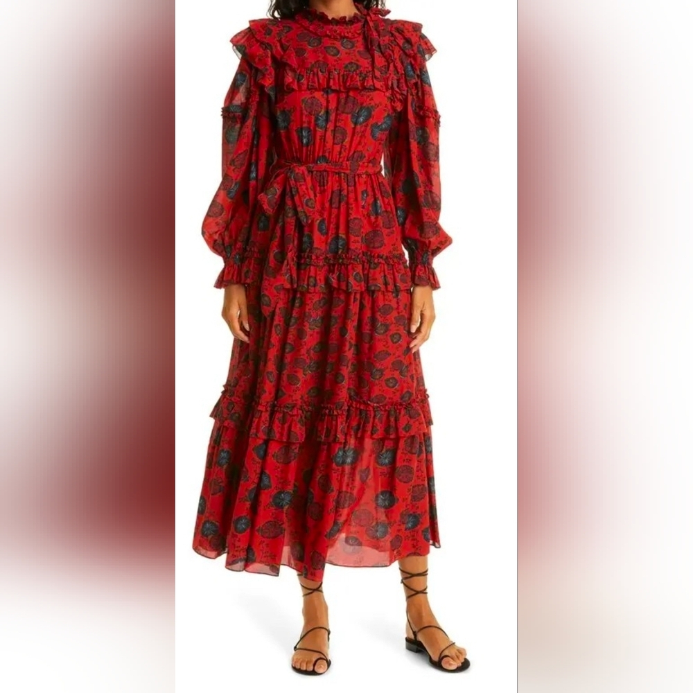 Ulla Johnson Red Floral Ruffle Maxi Dress